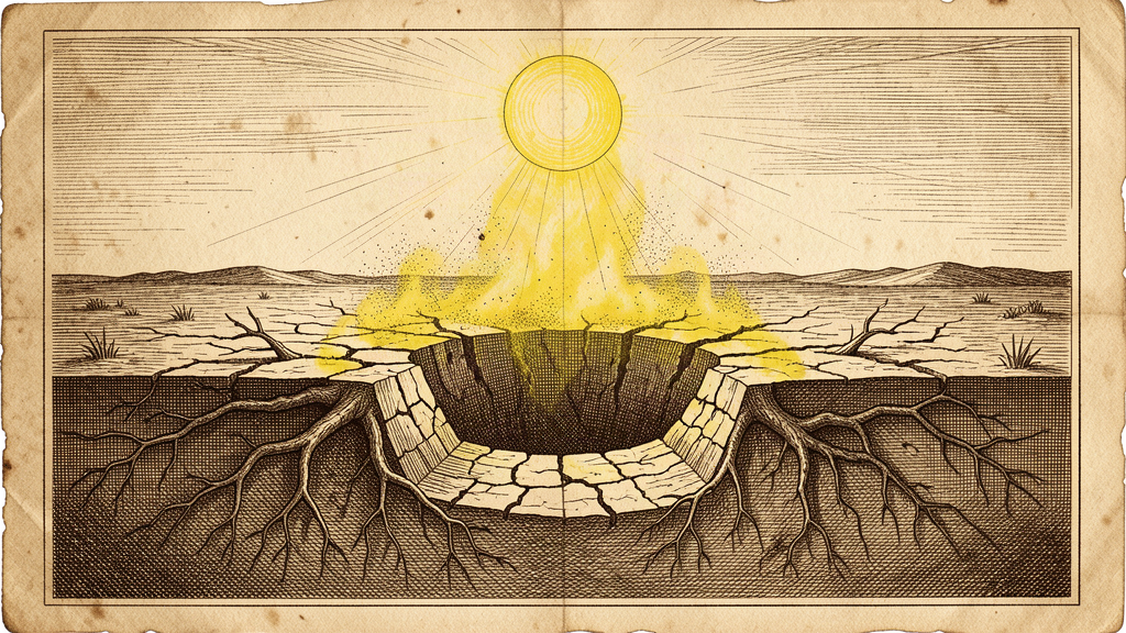 Terre fendue, poussière jaune, soleil